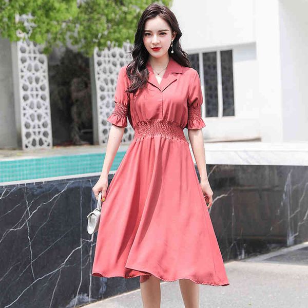 

summer dress women knee length elastic waist chiffon shirt dress aline high waist dress solid notch vestido plus size 210412, Black;gray
