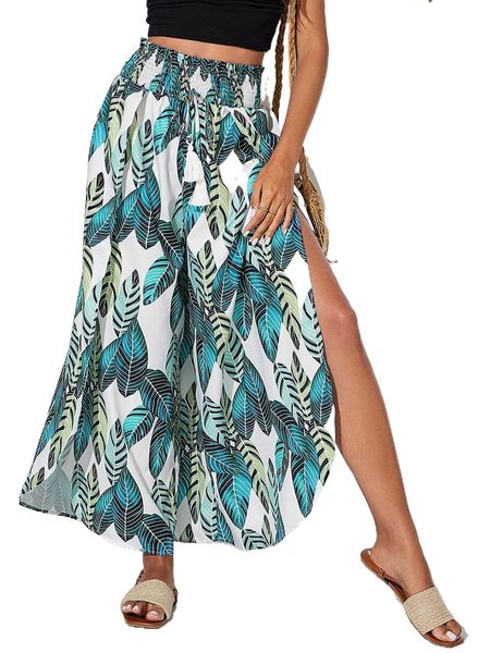 

tropical print shirred waist wide leg pants q3xy#, Black;white