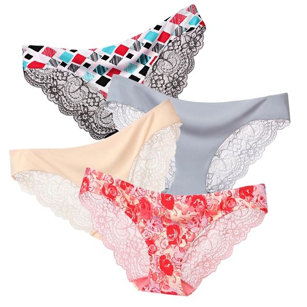 

3pcs/lot panties women underwear seamless briefs lace lingerie ice silk thong women's clothes underpants intimates 220426, Black;pink