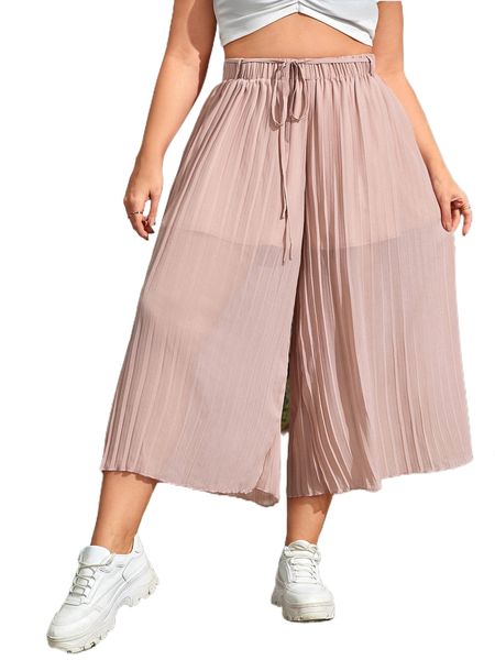 

plus belted wide leg pleated pants e24w#, Black