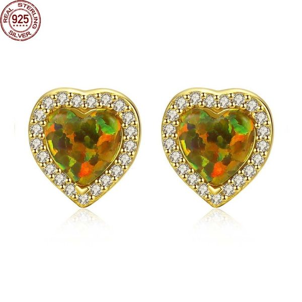 

popular new elegant heart design opal stud earrings for women sparkling cz wrapped charming silver jewellery carving 925 female's, Golden;silver
