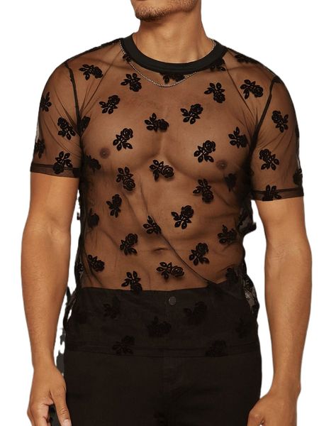 

men random floral pattern mesh tee r5me#, White;black