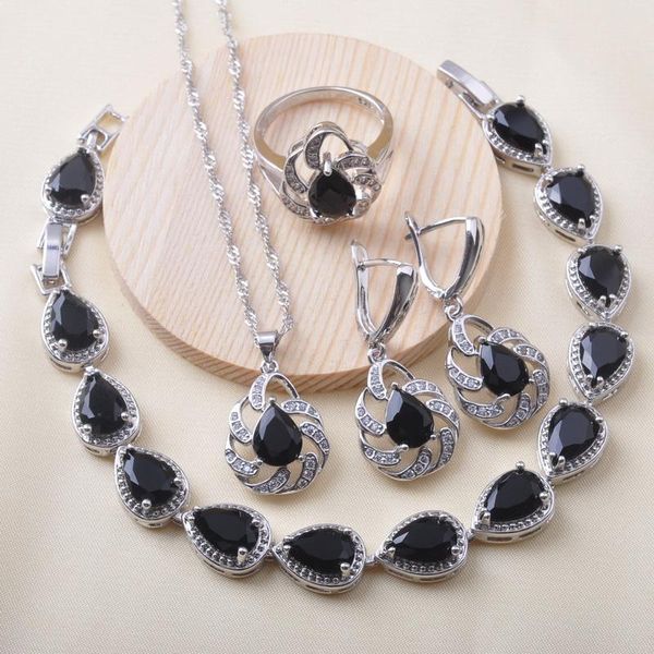 Brincos colar luxo prata cor conjuntos de jóias nupcial para mulheres preto zircônia pulseira anel pingente presente natal qs0629 brincos