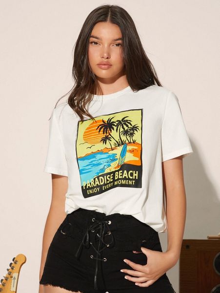 

slogan & palm tree print tee e66x#, White