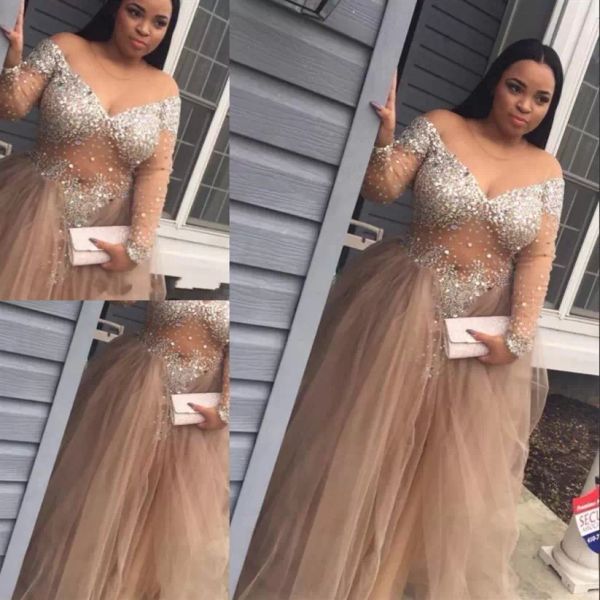 

champagne prom dresses mermaid with long sleeves sequins tulle a line floor length custom made evening gown formal occasion wear vestidos, Black