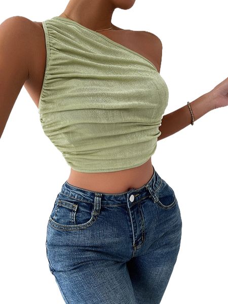 

one shoulder ruched side crop r00c#, White