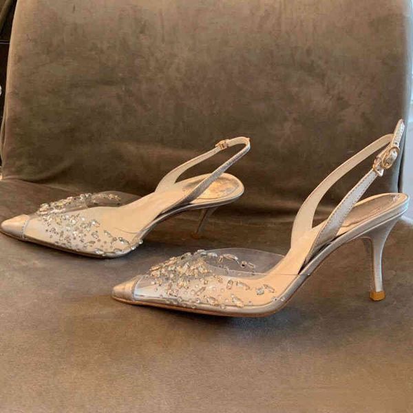 

2022 summer new pointed baotou transparent pvc diamond inlaid back empty high thin heel fairy sandals, Black