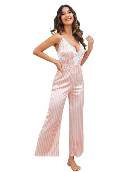 

striped print guipure lace wide leg satin cami romper 61bh#, Black;red