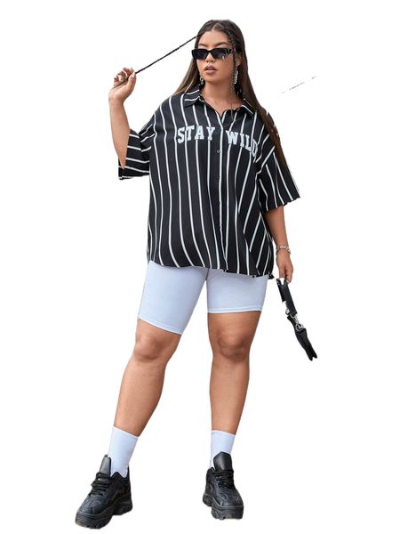 

plus vertical striped & letter graphic drop shoulder shirt k2k6#, Black
