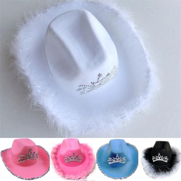 

western wear decor bedazzles white pink cowboy hat women feather crystal beaded cowgirl hats summer outdoor sunhat cap with fur 220524, Blue;gray