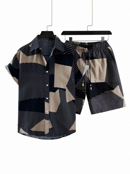 

men random striped colorblock shirt & drawstring waist shorts l4jd#, Gray