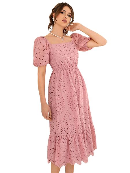 

embroidery eyelet puff sleeve ruffle hem dress y1zr#, Black;gray