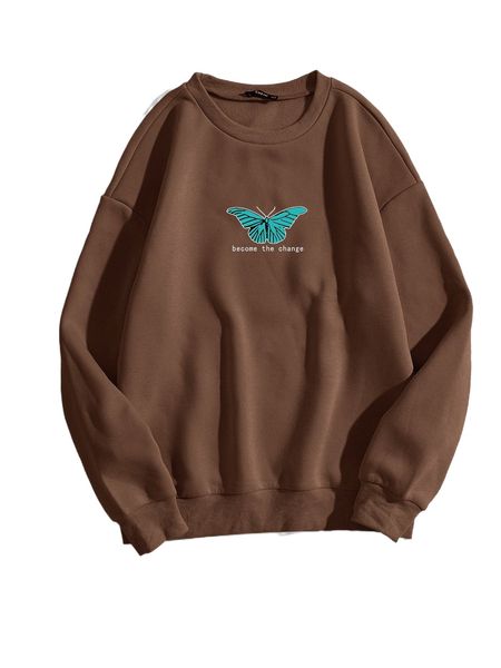 

butterfly & slogan graphic thermal sweatshirt y6s2#, Black