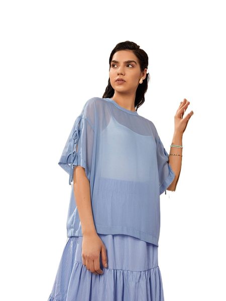 

drop shoulder knot sleeve sheer orange h6kj#, White