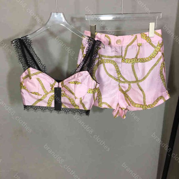 

women lace strap tube bra shorts two piece suit chain print high waist letter logo brand casual shorts pants 5a quality designer womens clot, White