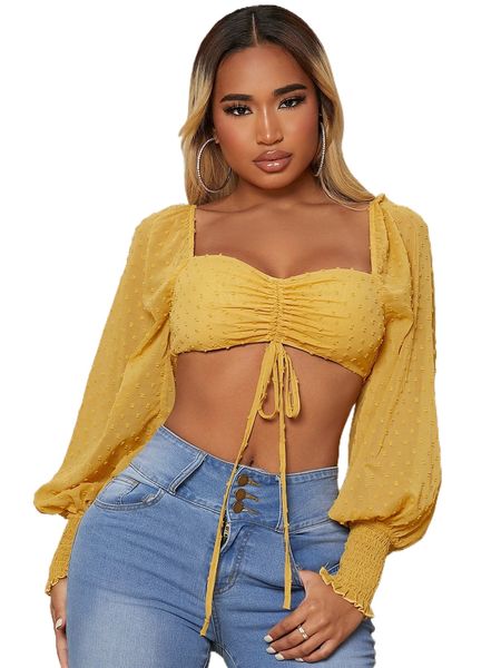 

sxy sweetheart swiss dot shirred drawstring hem crop w6gw#, White