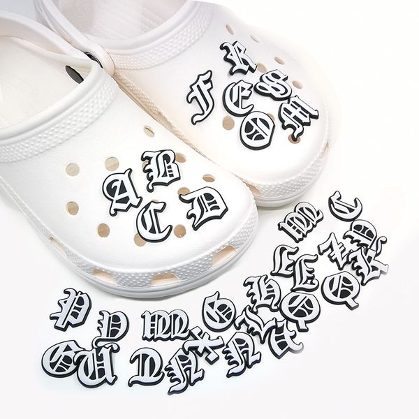 

moq 100pcs combination old english letters croc jibz charms 2d soft pvc shoe accessories clog buckles cute shoe decorations fit sandals wris, White;pink
