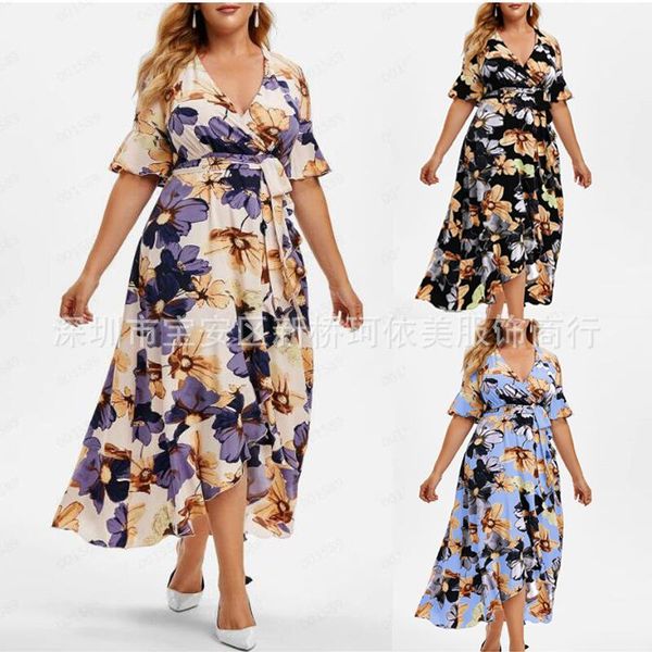 Plus Size Vestidos Estilo Bohemian Verão Mulheres Casual Cintura Alta Cintura Flare Manga Praia Vestido Sexy Profunda V-Pescoço Sashes Assimétrico Boho