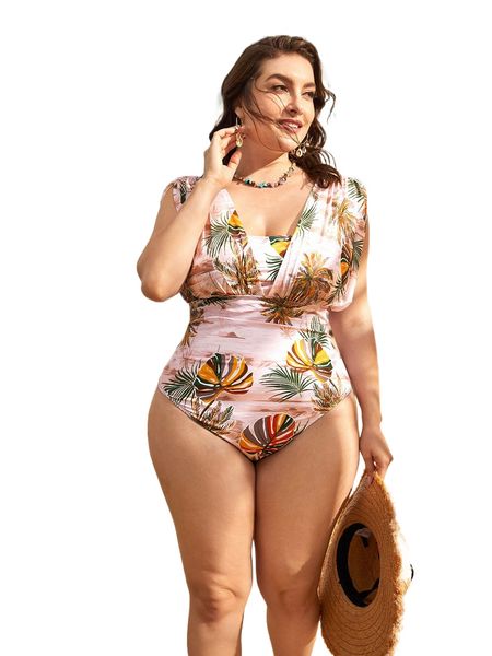 

plus tropical print ruched one piece swimsuit q5kz#, White;black