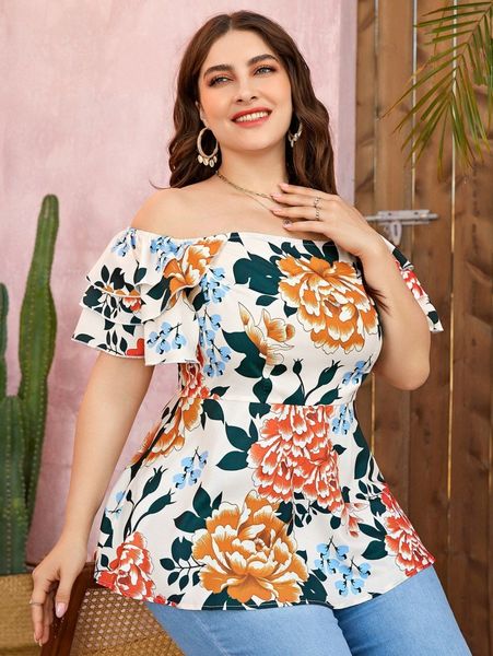 

plus random floral print layered sleeve peplum blouse 22te#, Black
