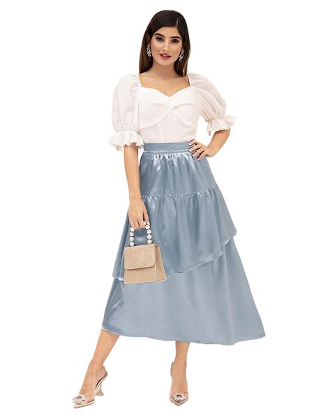 

modely solid layered hem satin skirt p409#, Black