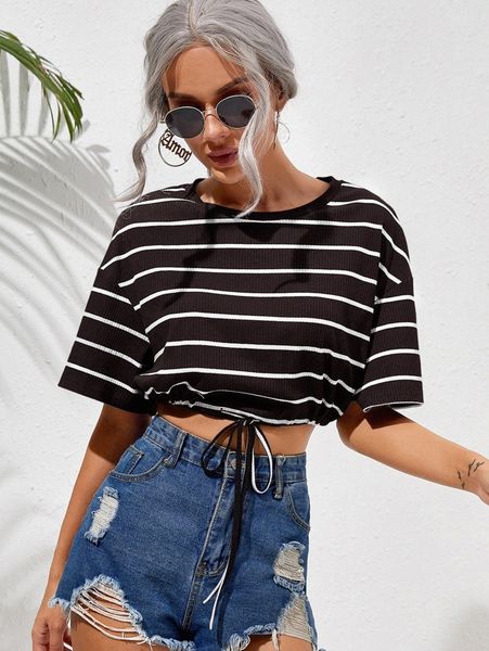 

drop shoulder striped tee f62z#, White