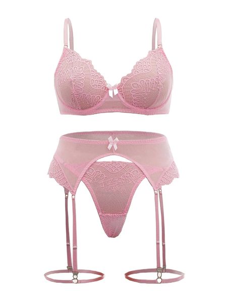 

plus 5pack floral lace bow front underwire lingerie set 41g3#, Black;white