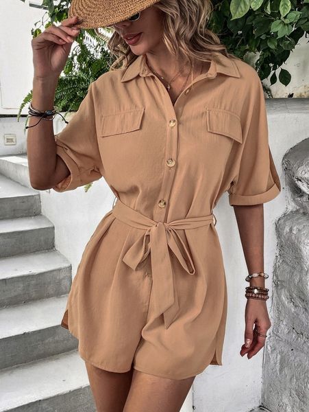 

button front roll up sleeve shirt romper f2bp#, Black;white