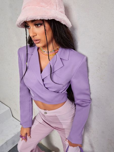 

solid tie back crop blazer 65vn#, White