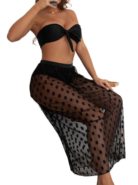 

dobby mesh knot front bandeau bikini swimsuit v6h7#, White;black