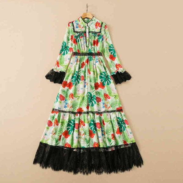 

casual dresses dress green plant printed long skirt children's spring 2022 flare sleeve stand collar fungus big swing dress k2zg, Black;gray
