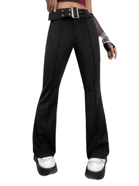 

seam detail belted flare leg pants 06bj#, Black;white