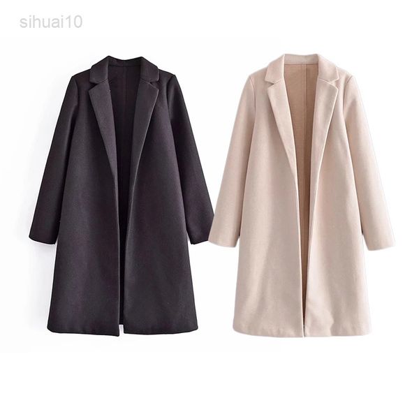 

new large casual wool coat solid color autumn winter women coat long sleeve women button less vest coat l220725, Black