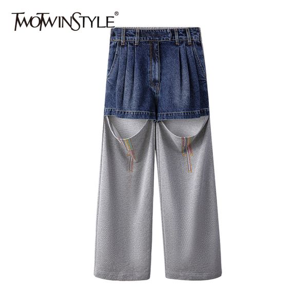 

hit color hollow out casual loose denim trousers for women high waist full length wide leg pants female spring 210423, Blue