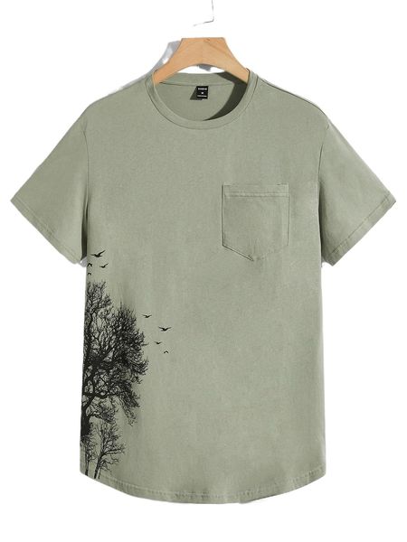 

men tree & bird print pocket patched tee d3mh#, White;black