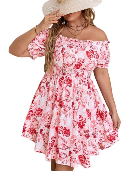 

plus allover floral print off shoulder frill trim shirred dress z8vj#, Black