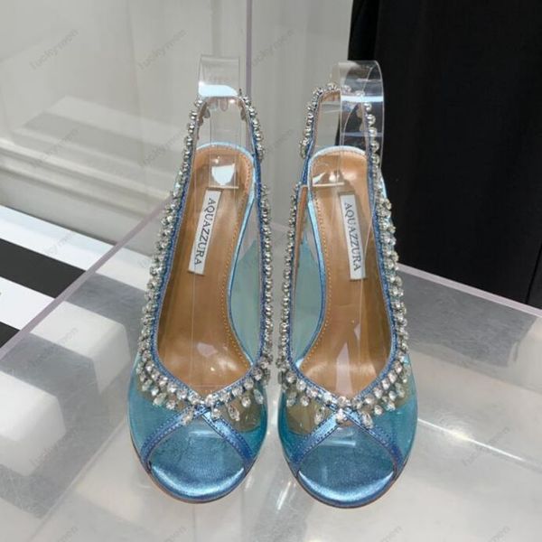 

Designers Aquazzura Dress Shoes womens stiletto heel Sandals satin rhinestone Embellished quality transparent PVC slingbacks Blue Party Banquet Slide Shoes, Only a boxes
