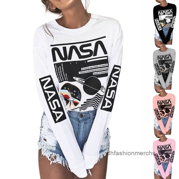 

designer women's t-shirt carney blouse star print long sleeve 100% content of main fabric components nasa womens clothing, White
