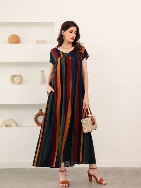 

striped print longline dress 56km#, Black;gray