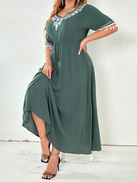

plus floral embroidery tassel trim knot front dress c31d#, Black