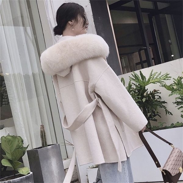 

korea hooded cashmere long coat with hood real fur hood trim women warm large jacket female hooded outwear spring loose coat lj201109, Black