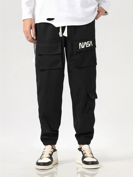 

men letter graphic flap pocket drawstring waist cargo pants v4io#, Black