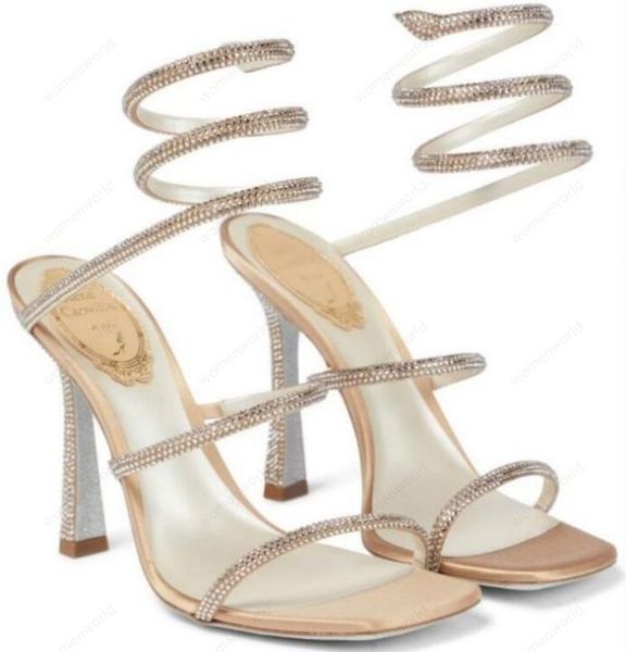 

rene caovilla 10cm stiletto high heel sandals crystal karung rose gold snakelike twining rhinestone sandals women summer thick heels shoes l, Black