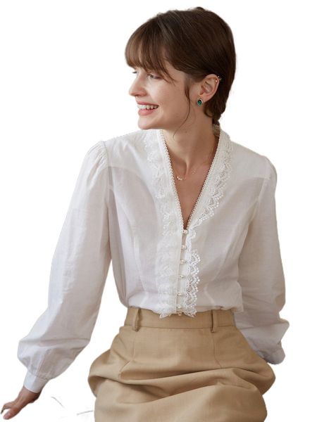 

simple retro contrast guipure lace bishop sleeve blouse e5ph#, White