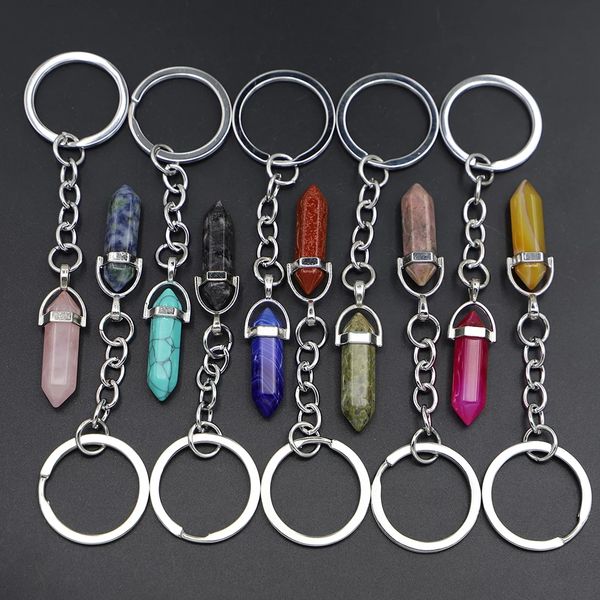 

new natural stone hexagonal column key chain keyring for women crystal pink quartz key rings on bag car jewelry party friends gift, Slivery;golden