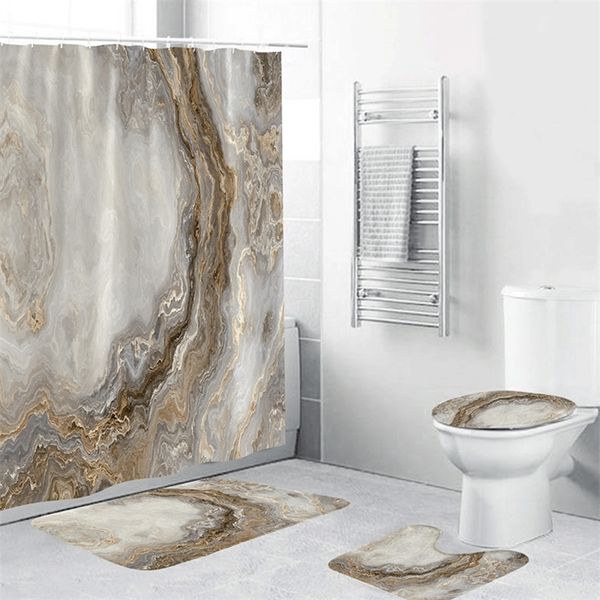 Mermer Beyaz Duş Perdesi Kaymaz Halı ile Set Banyo Paspas Halı Modern Banyo Perdeleri Tuvalet Çıtası Ev Dekorasyon 220505