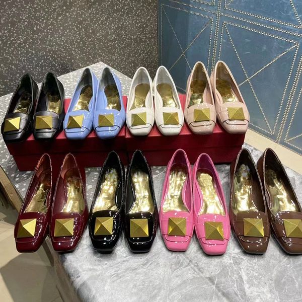 

luxury patent ballet flat shoes spring and summer new shallow mouth piece fashion versatile leather square head heel pink large v-button riv, Black