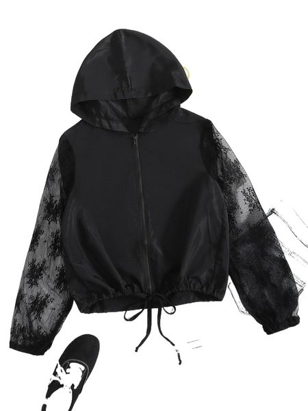 

contrast lace drawstring hem zipper hooded jacket g9ri#, Black;brown