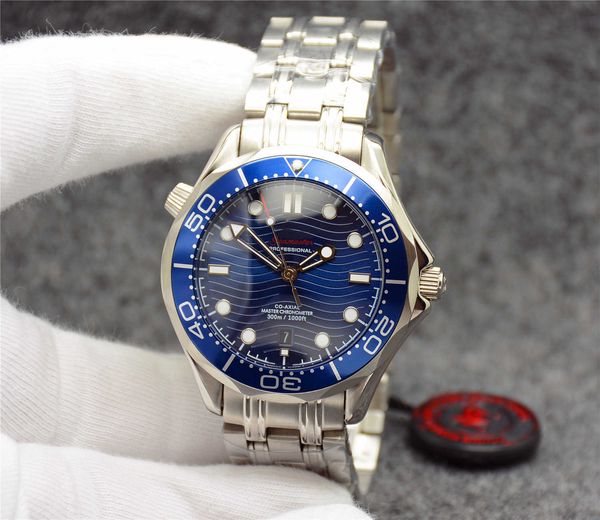 

42mm automatic mechanical outdoor mens watches watch blue dial with stainless steel bracelet rotatable blue bezel bracklet transparent back, Slivery;brown