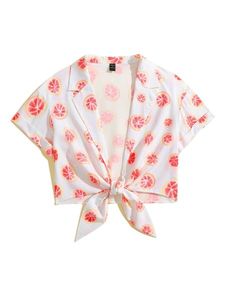 

x amy christine fruit print knot hem blouse s83l#, White